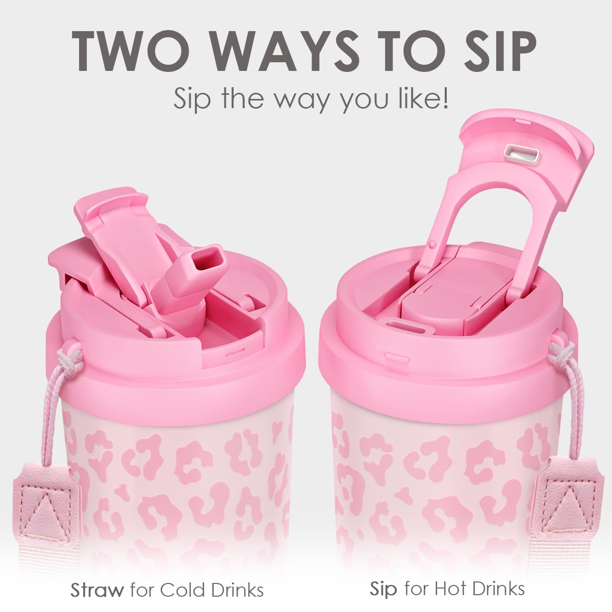 SANDJEST Leopard Tumbler 2-in-1 lid for versatile sipping and easy refills.