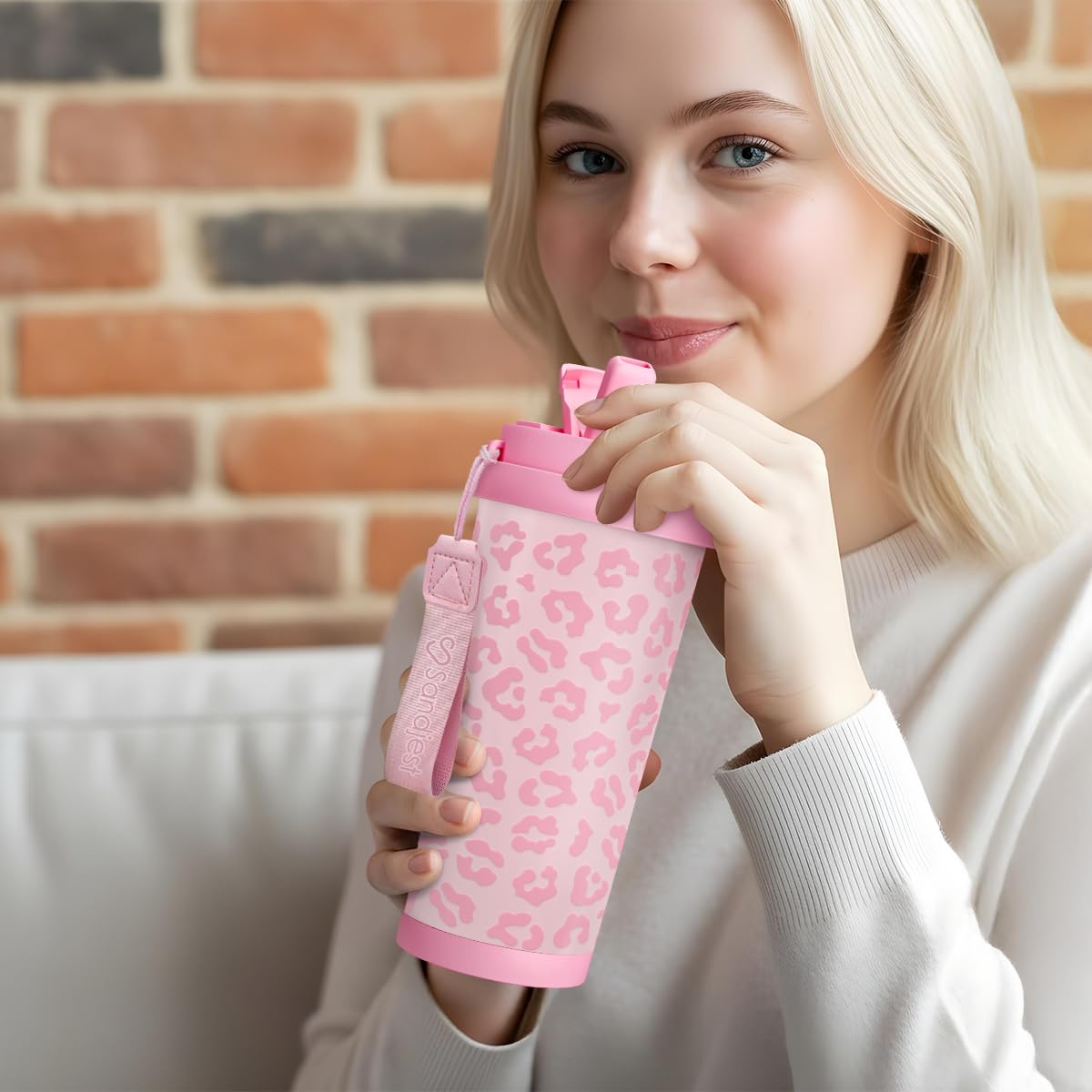 SANDJEST Leopard Tumbler cup-holder friendly for travel and commuting.