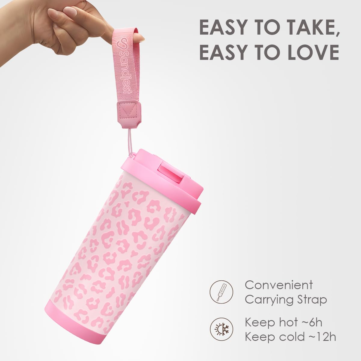 SANDJEST Leopard Tumbler insulated stainless design helps maintain temperature.
