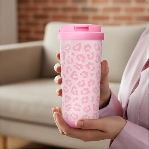 SANDJEST Leopard Tumbler pink accents complement stylish travel looks.