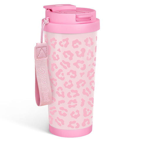 SANDJEST Leopard Tumbler in stainless steel with 18 oz capacity for daily hydration.