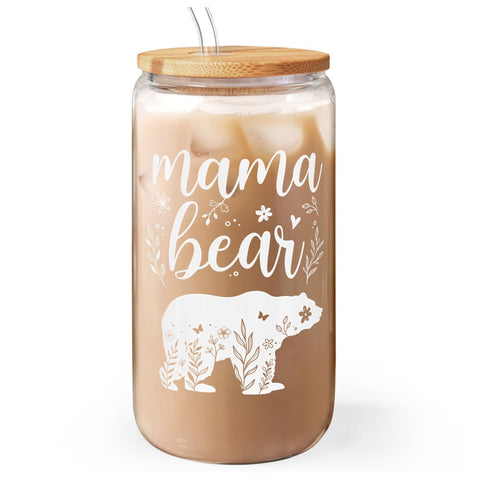 SANDJEST Mama Bear 16oz tumbler with bamboo lid for daily use.