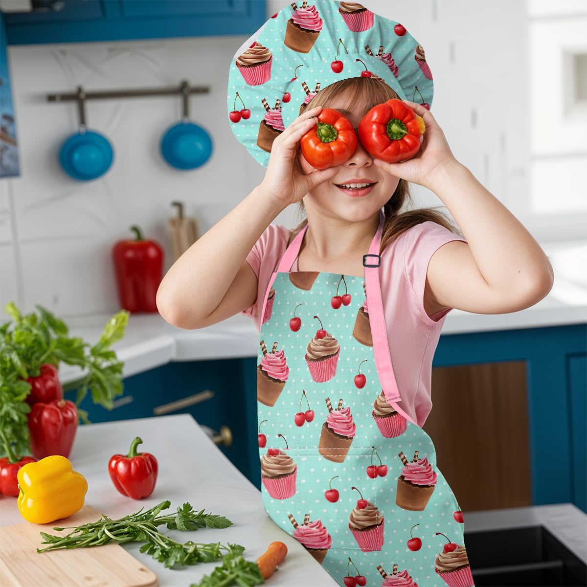 SANDJEST matching chef hat and apron complete a playful kitchen outfit.
