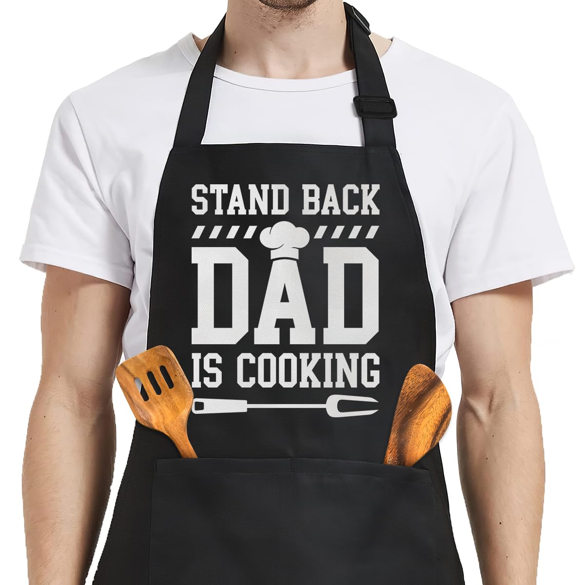 SANDJEST men's apron with pockets, front view showing pocket layout for tools and phone usage