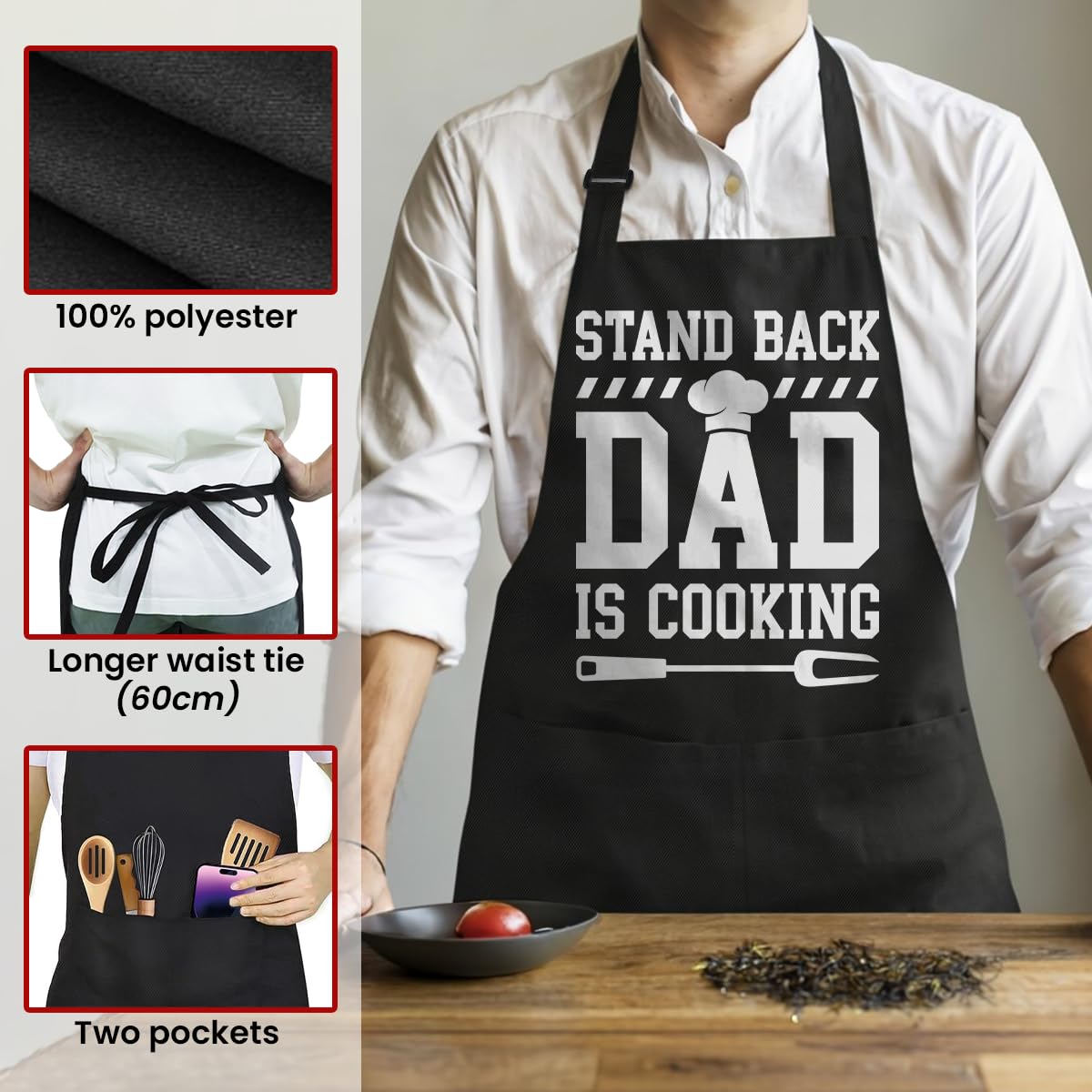 SANDJEST apron with pockets, utility pocket visible for utensils and thermometer use