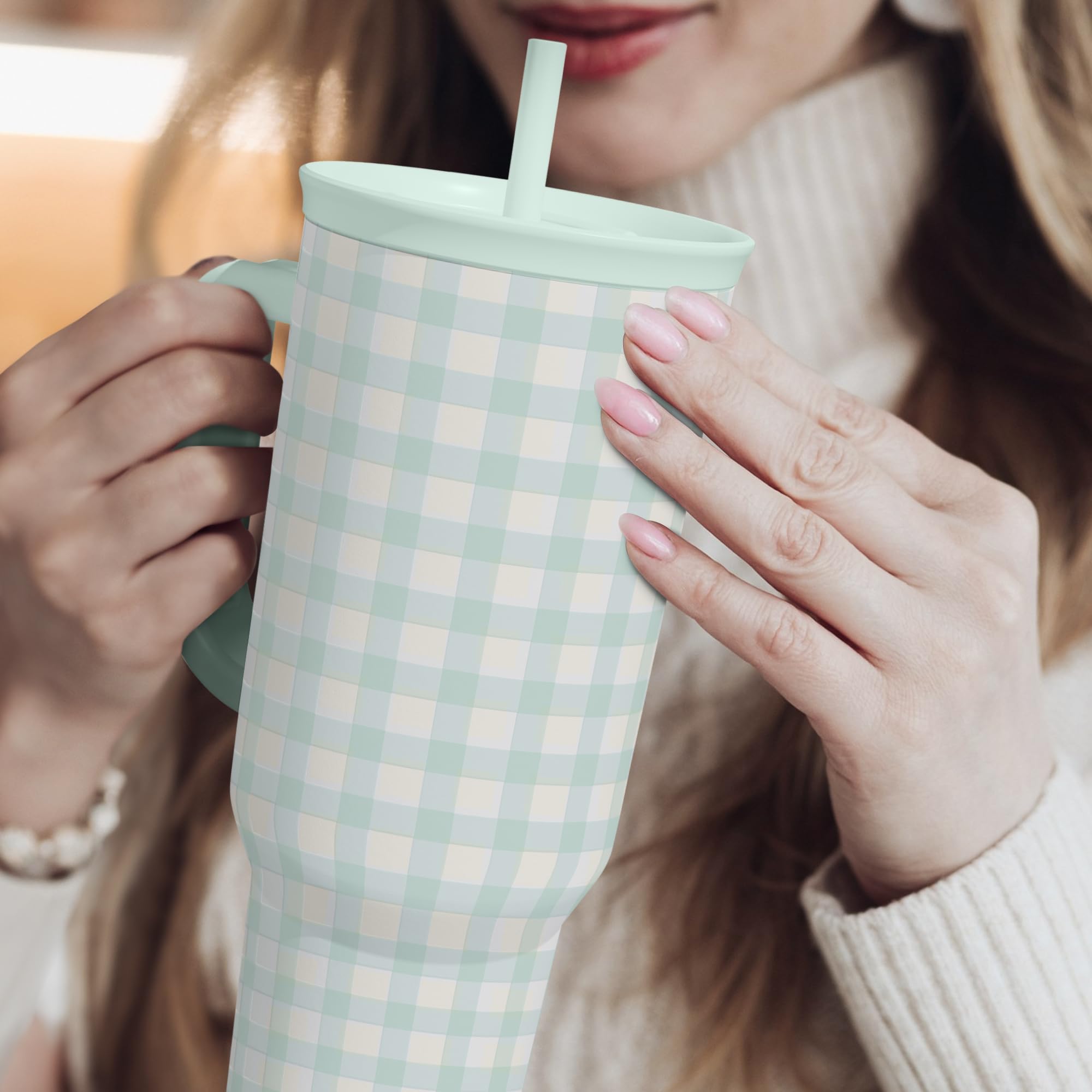 SANDJEST Mint Gingham 40oz Slider Tumbler on office desk as stylish hydration companion
