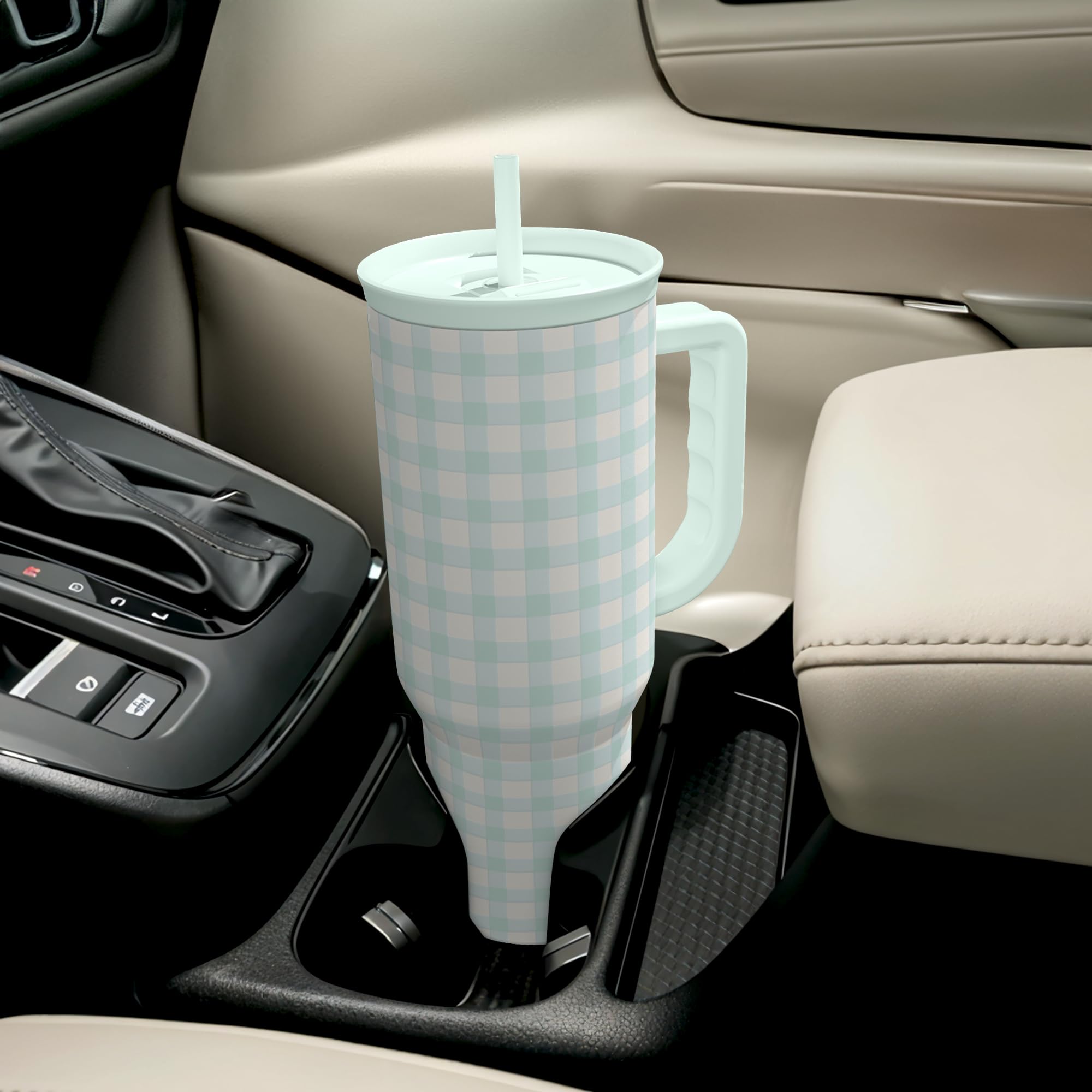 SANDJEST Mint Gingham 40oz Slider Tumbler easy clean note highlighting hand washing recommended