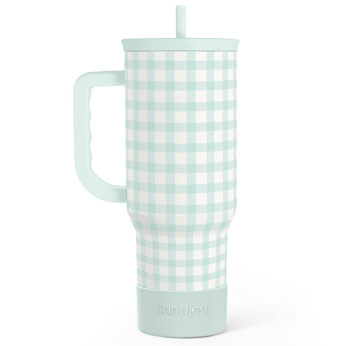 SANDJEST Mint Gingham 40oz Slider Tumbler front view showing large capacity for on the go hydration