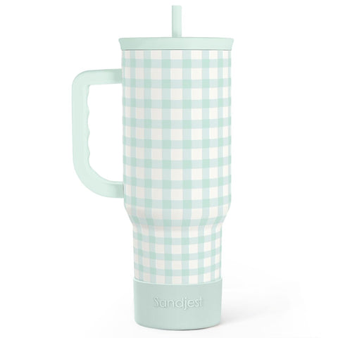 SANDJEST Mint Gingham 40oz Slider Tumbler front view showing large capacity for on the go hydration