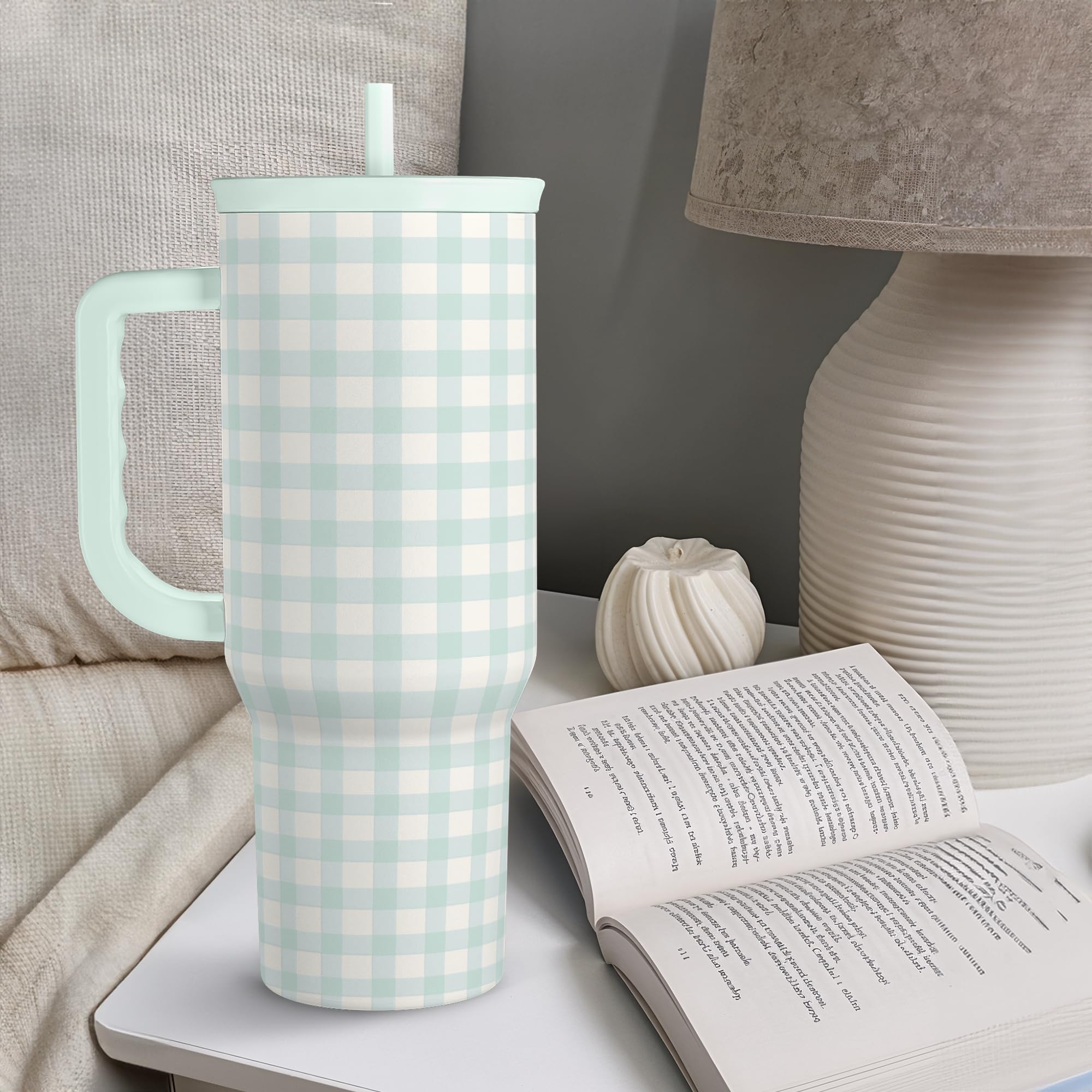 SANDJEST Mint Gingham 40oz Slider Tumbler gift ready packaging for holidays