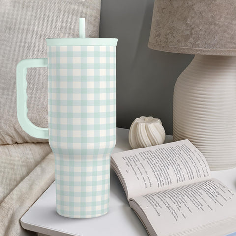 SANDJEST Mint Gingham 40oz Slider Tumbler gift ready packaging for holidays