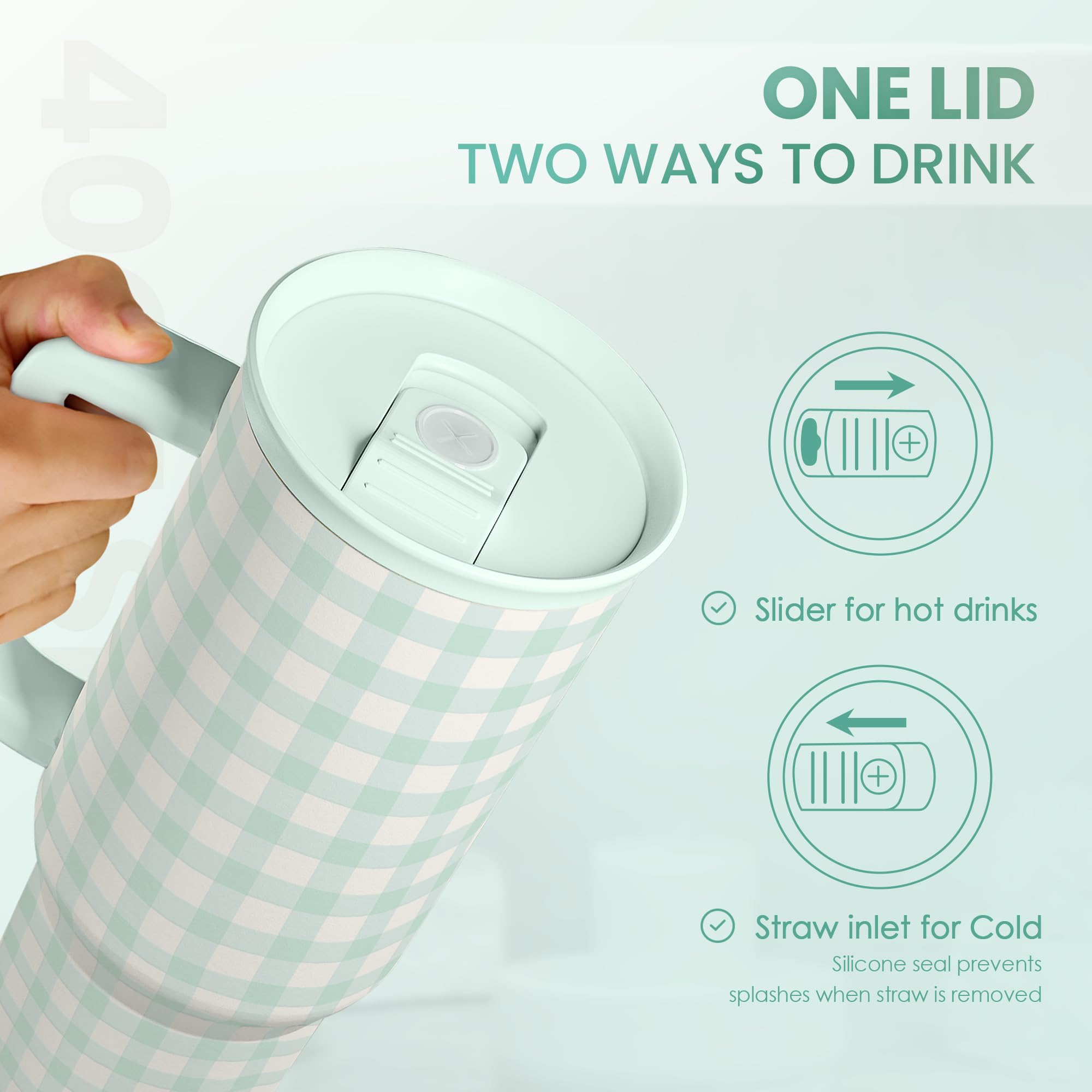 SANDJEST Mint Gingham 40oz Slider Tumbler held with gym bag for on the move