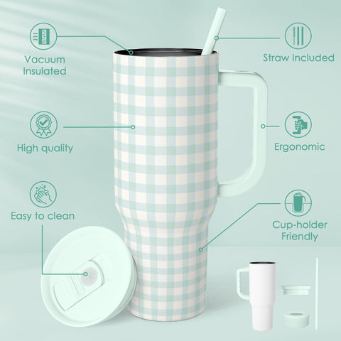SANDJEST Mint Gingham 40oz Slider Tumbler handle side view for easy carrying during workouts and commutes