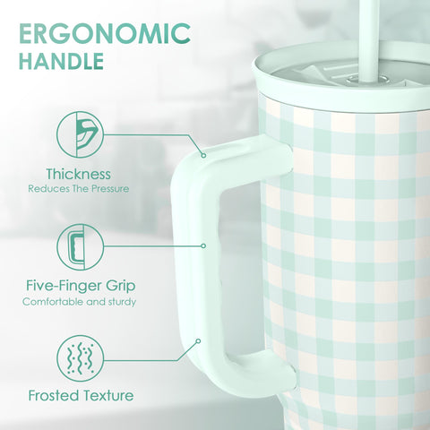 SANDJEST Mint Gingham 40oz Slider Tumbler lid and straw close up for spill resistant sipping