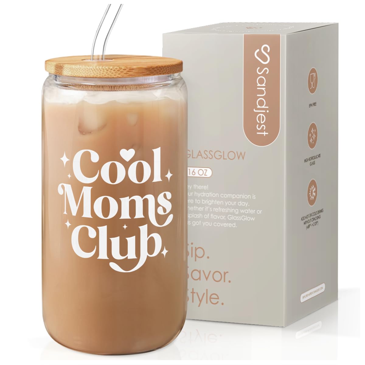SANDJEST Mom glass can with lid and straw for on-the-go iced drinks