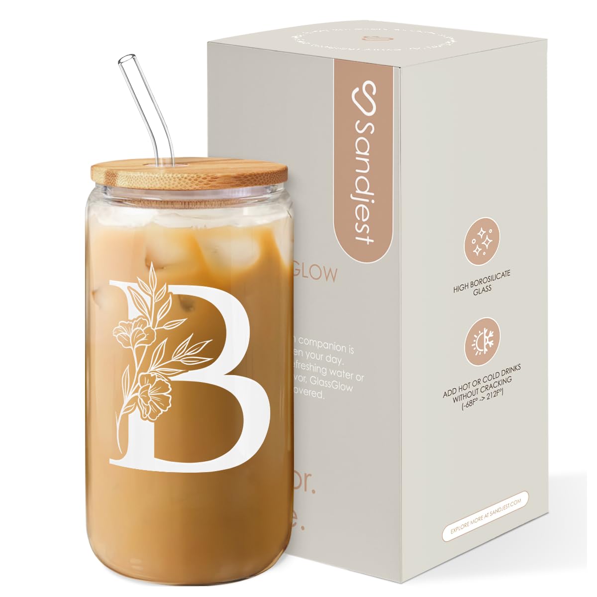 Sandjest monogram B initial glass cup 16oz for personalized iced coffee and beverages.