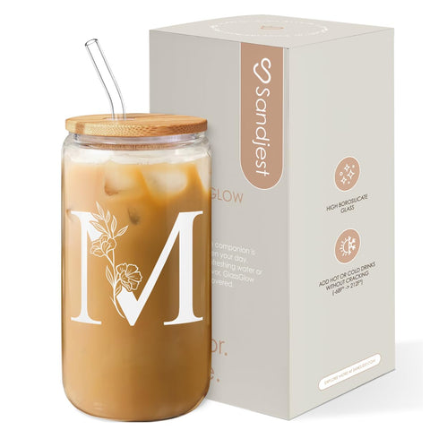 SANDJEST monogrammed 16oz glass cup with lid and straw for stylish on-the-go beverages.