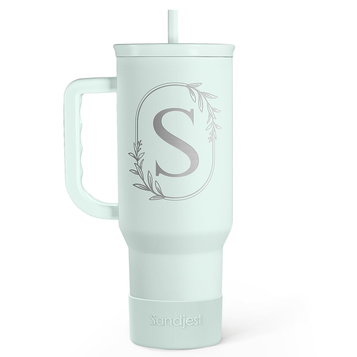 SandJEST monogrammed tumbler with handle for on-the-go hydration.