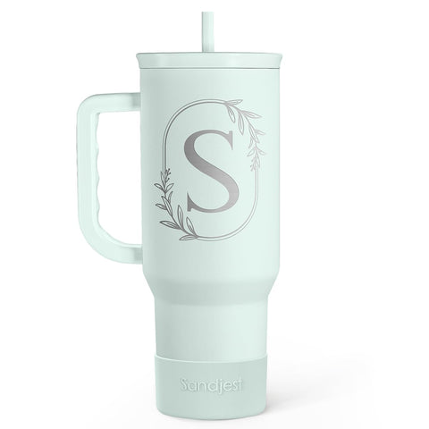 SandJEST monogrammed tumbler with handle for on-the-go hydration.