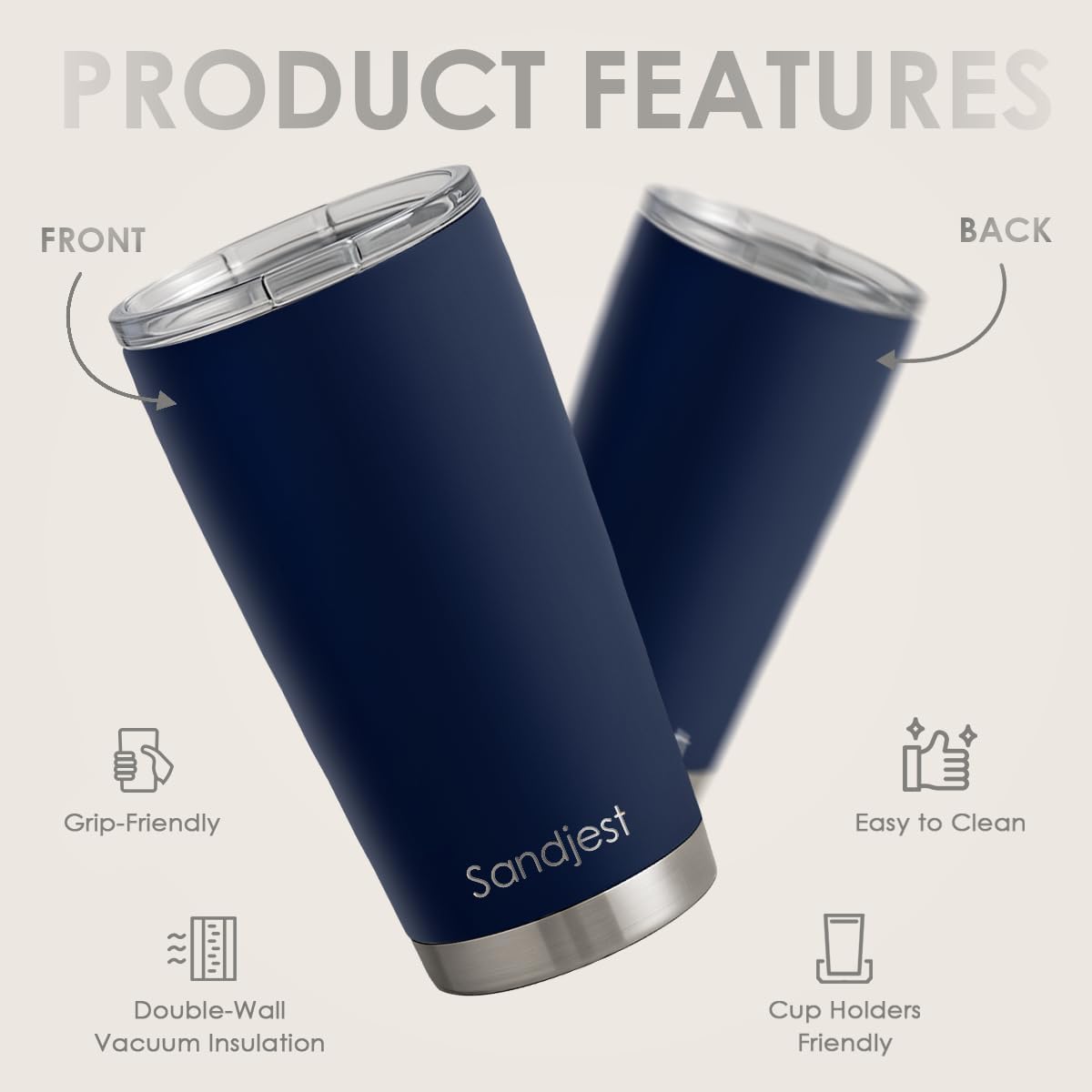 SANDJEST Navy Tumbler slide-lock lid view, secure leak-proof travel companion