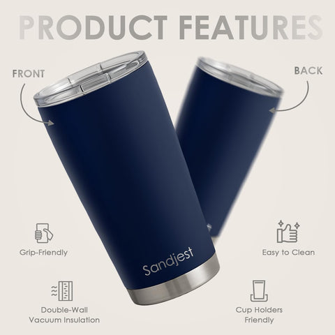 SANDJEST Navy Tumbler slide-lock lid view, secure leak-proof travel companion