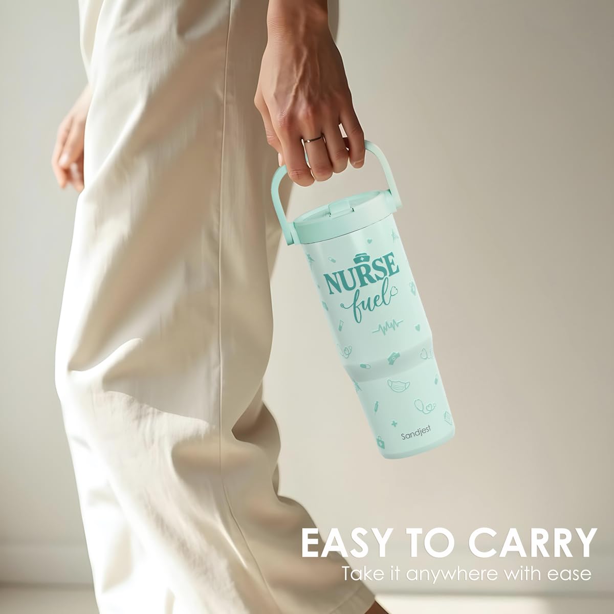 SANDJEST Nurse Fuel versatile cup for coffee, smoothies, and water.