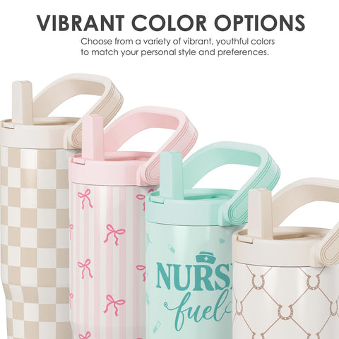 SANDJEST Nurse Fuel insulated travel cup keeps beverages at temp longer.