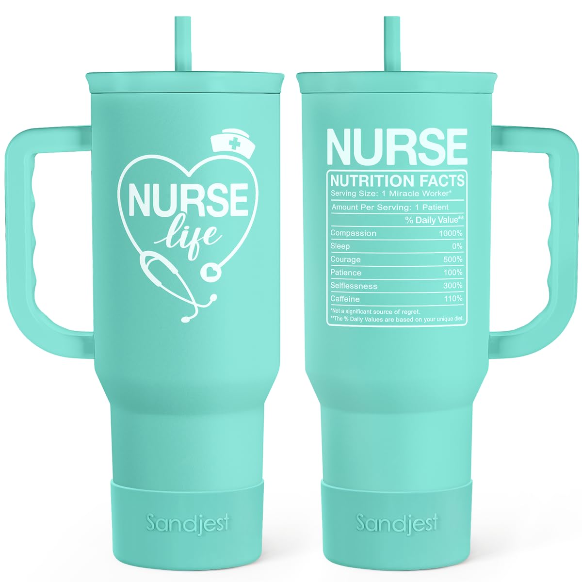 SANDJEST nurse gift tumbler 40oz with handle and straw for on-the-go hydration.