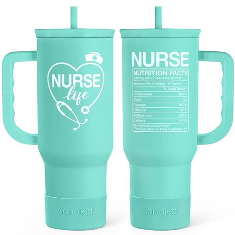 SANDJEST nurse gift tumbler 40oz with handle and straw for on-the-go hydration.