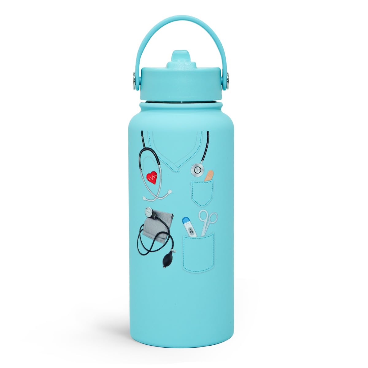SANDJEST 32oz bottle front view with insulated stainless steel finish.