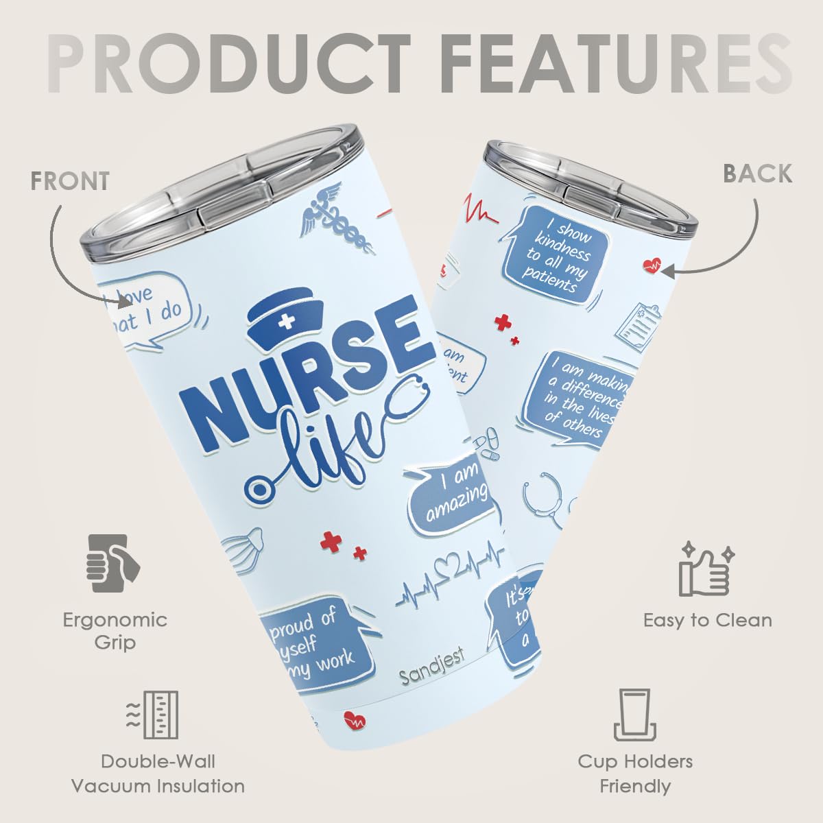 SANDJEST Nurses Tumbler with slide-lock lid that prevents leaks during commutes.