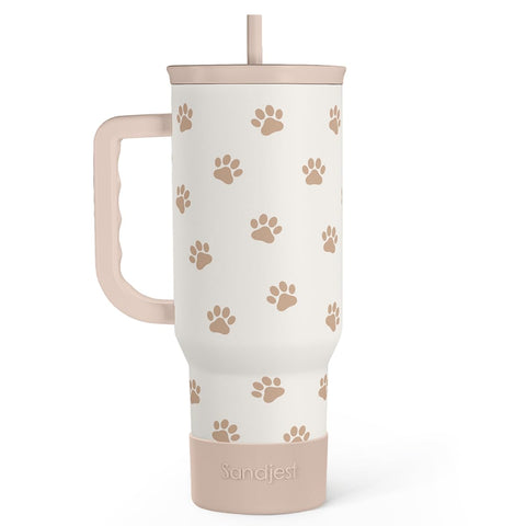 SANDJEST Paw Print Tumbler with Handle—robust 40oz design for all-day hydration