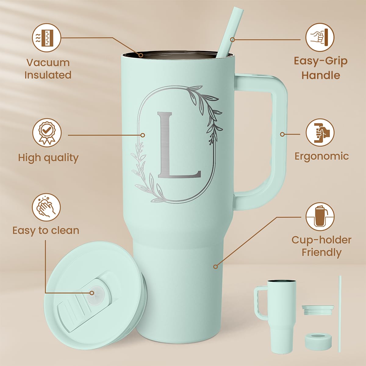 SANDJEST personalized tumbler with handle, side view for easy carrying.