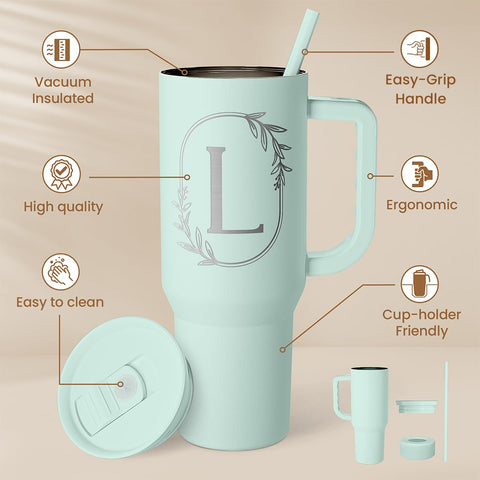 SANDJEST personalized tumbler with handle, side view for easy carrying.