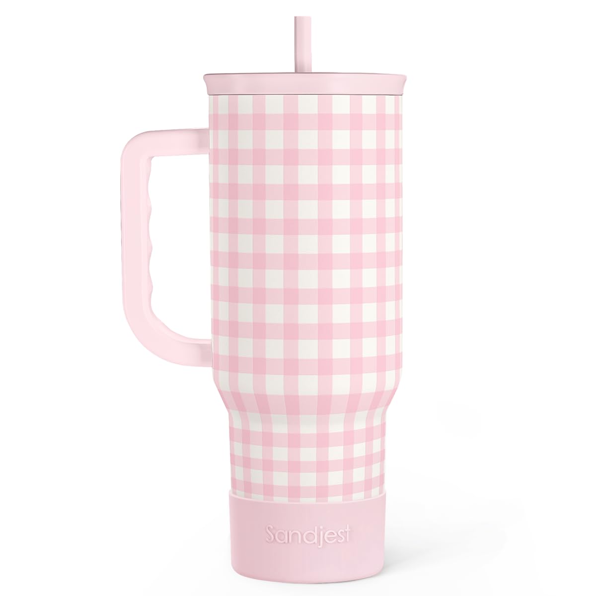 SANDJEST pink gingham 40oz slider tumbler with handle, ideal for on-the-go hydration.
