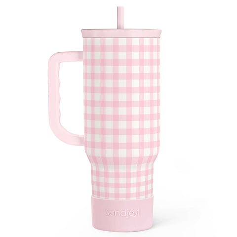 SANDJEST pink gingham 40oz slider tumbler with handle, ideal for on-the-go hydration.