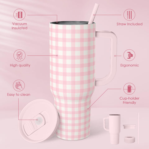 SANDJEST pink gingham 40oz slider tumbler straw, keeps drinks fresh while traveling.