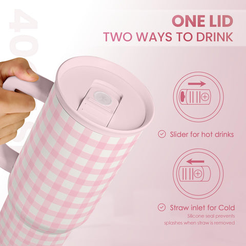 SANDJEST pink gingham tumbler with comfortable handle, easy carry at home or gym.