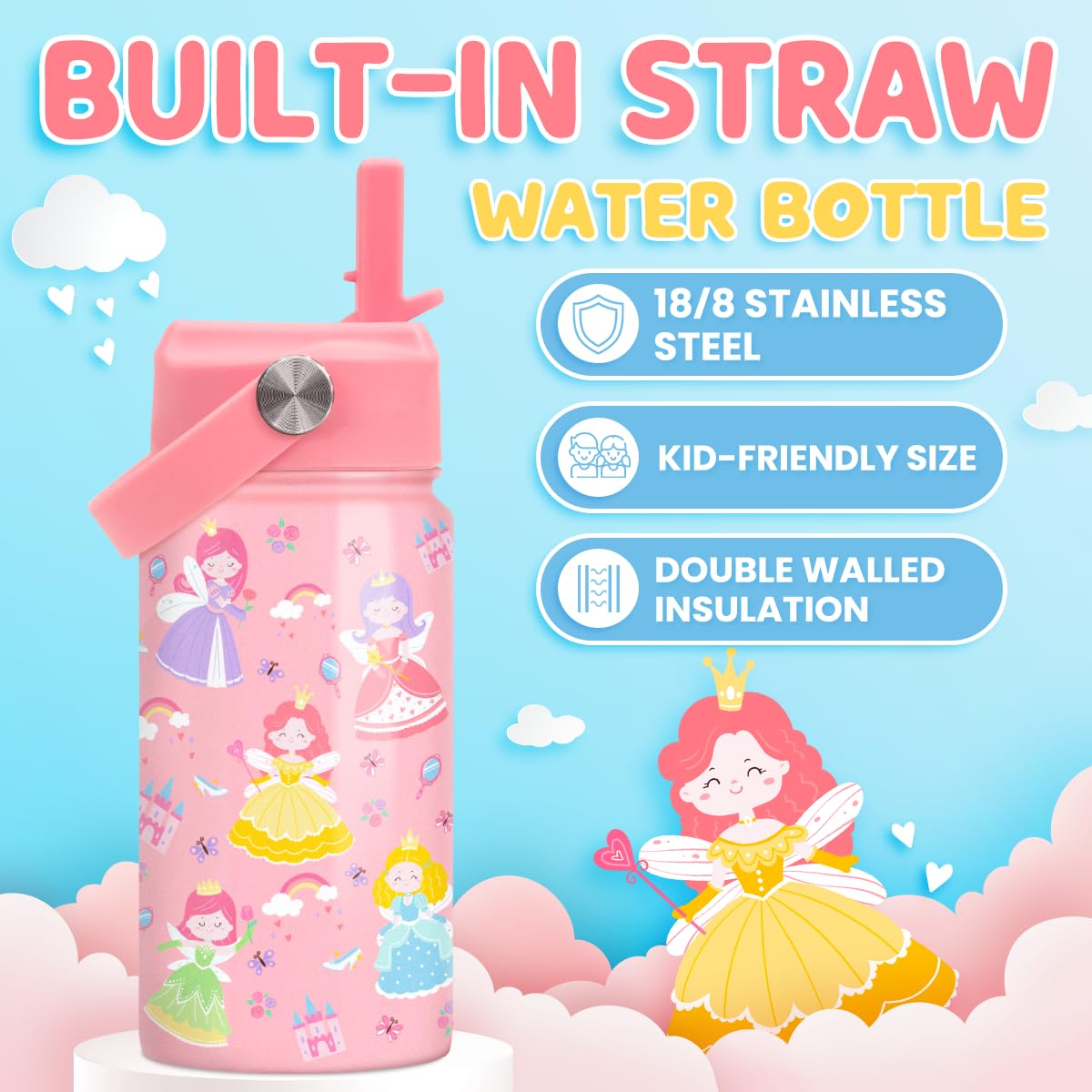 SANDJEST Princess insulated 12oz bottle keeps drinks cool during school.