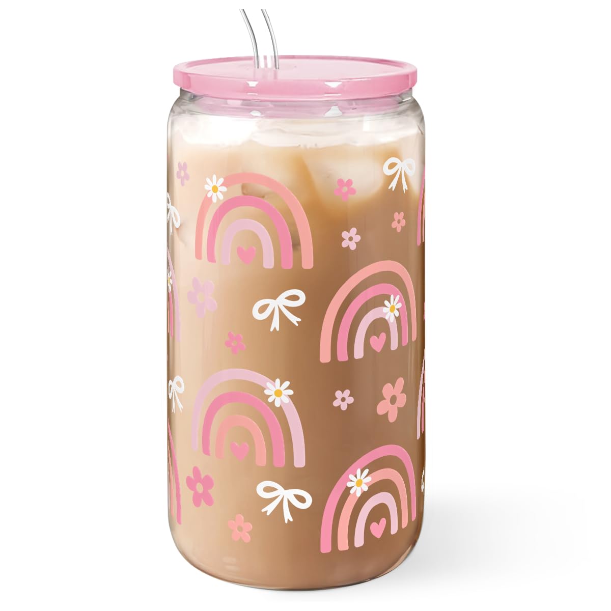 SANDJEST Rainbow 16oz glass tumbler with lid-straw, showcasing a sturdy, reusable design.