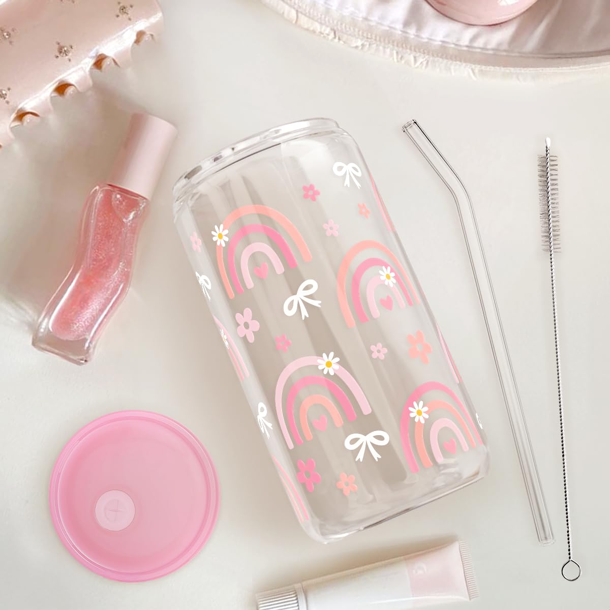 SANDJEST Rainbow tumbler ideal for iced coffee, tea, or smoothies on busy days.