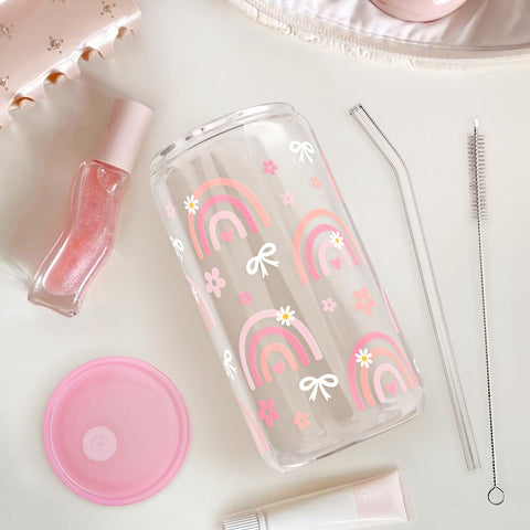 SANDJEST Rainbow tumbler ideal for iced coffee, tea, or smoothies on busy days.