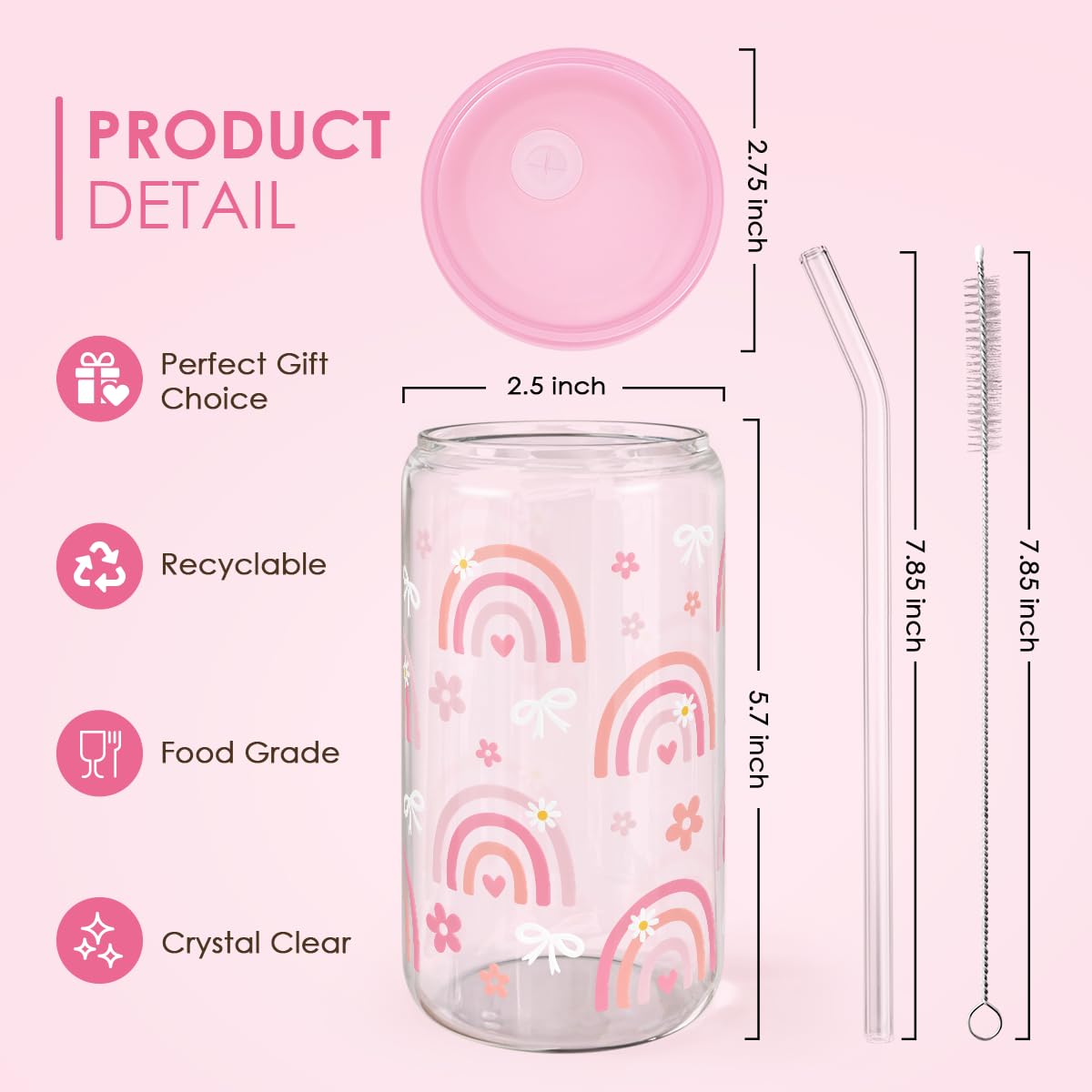 SANDJEST Rainbow tumbler, glass detail showing sustainable, reusable design and straw.