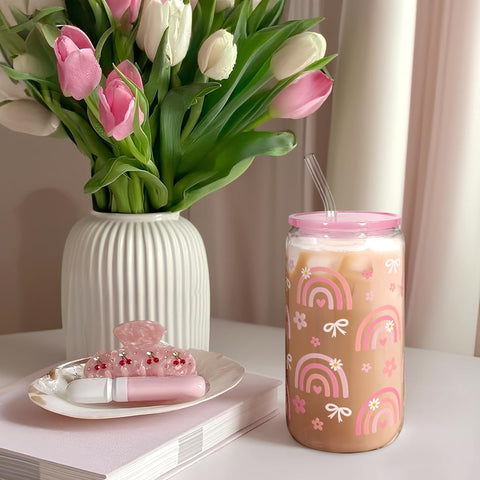 SANDJEST Rainbow tumbler lid-and-straw assembly, showcasing detachable parts for easy cleaning.