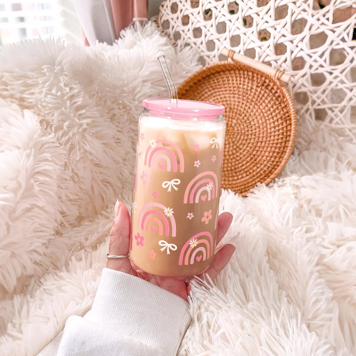 SANDJEST Rainbow glass tumbler on the go, perfect for commuting beverages.