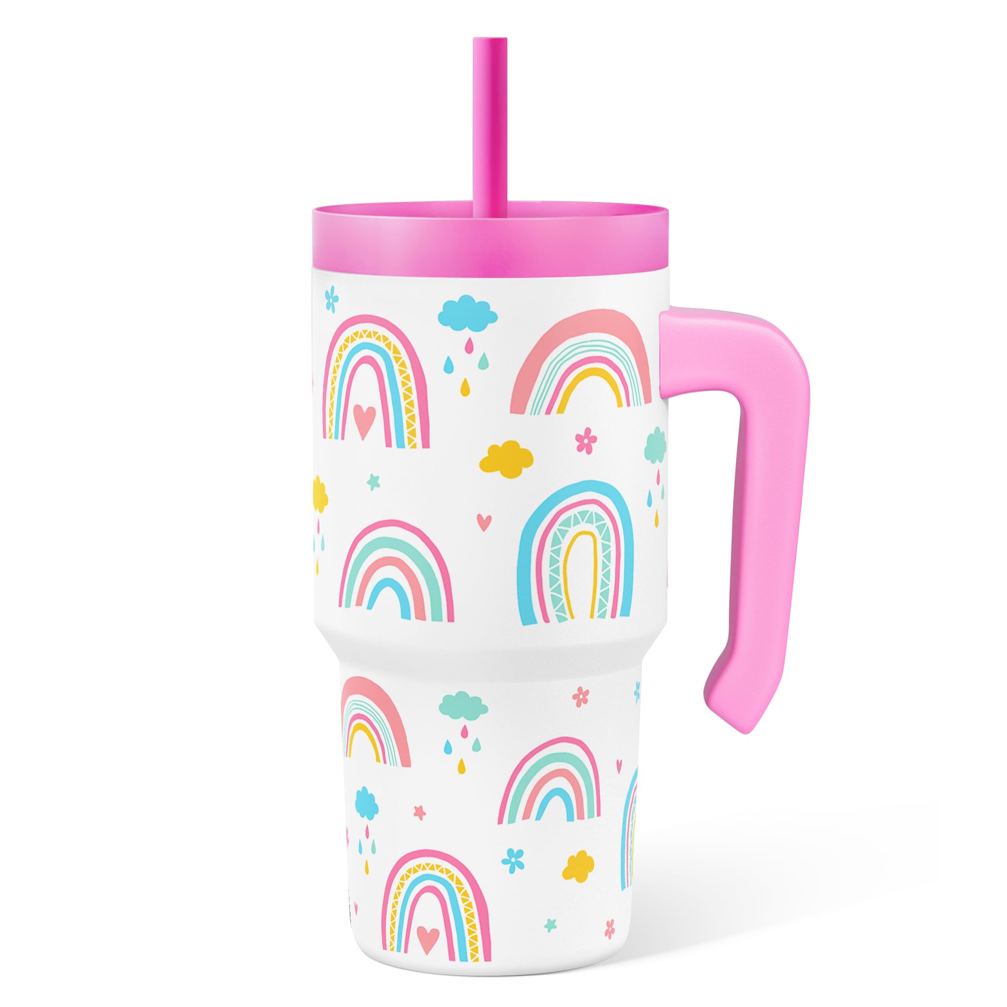 SANDJEST Rainbow Tumbler 20oz with handle for easy kid-friendly hydration.