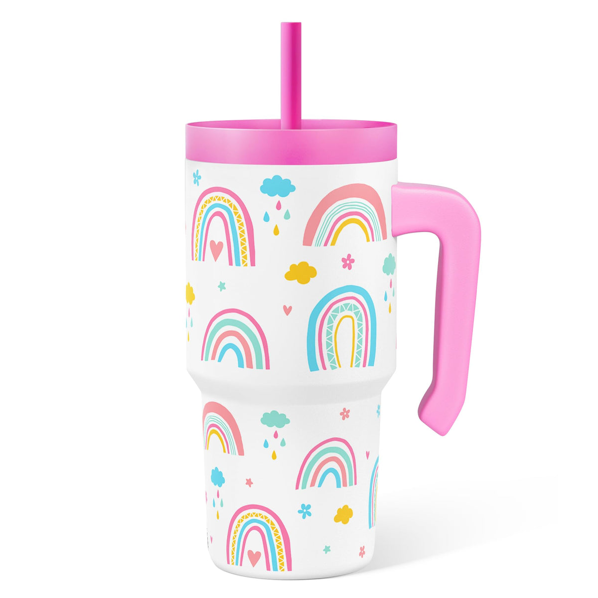 SANDJEST Rainbow Tumbler 20oz with handle for easy kid-friendly hydration.