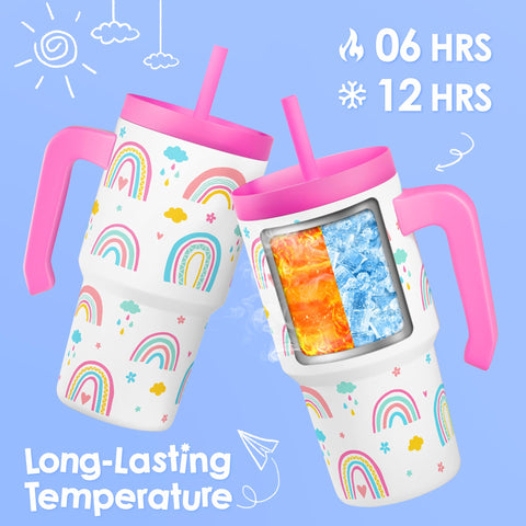 Child holding the SANDJEST Rainbow Tumbler, showcasing lightweight, ergonomic grip.