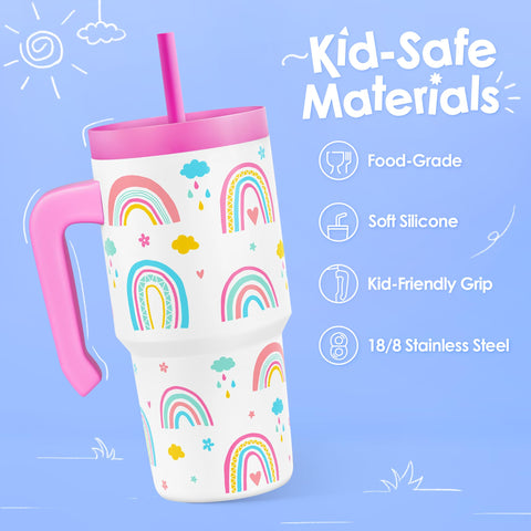 Close-up of SANDJEST Rainbow Tumbler silicone straw lid for easy sipping.