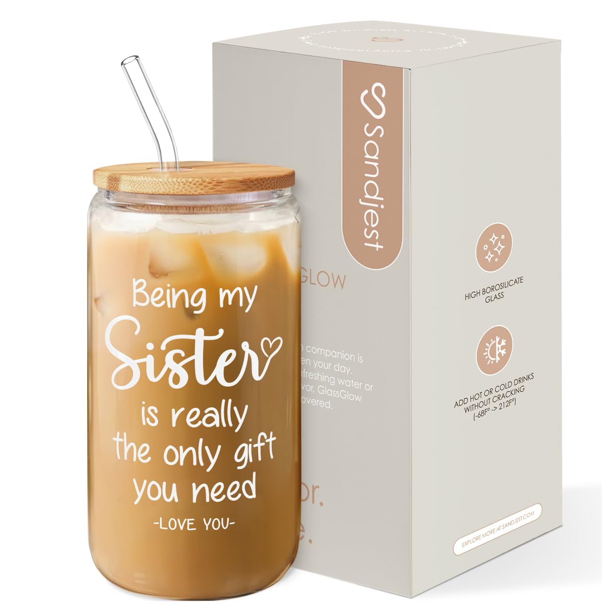 SANDJEST Sister Gift coffee cup full view with 16 oz capacity for iced beverages.